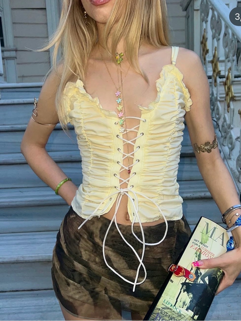 PrettyLittleThing Pale Yellow Lace-Up Ruched Cami